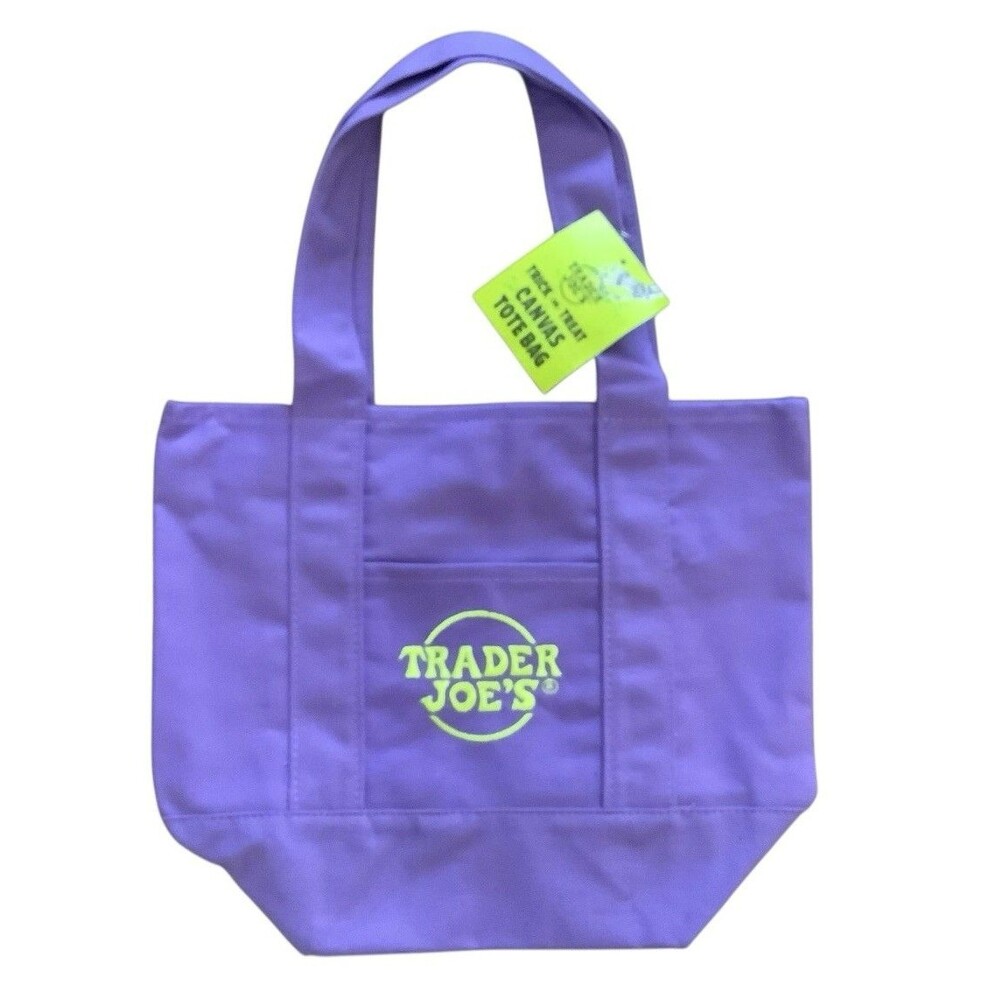 Trader Joe's Purple Halloween Canvas Mini Tote Bag With Green Stitching New